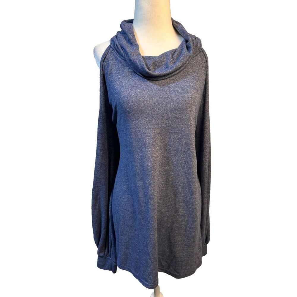 Davenil Navy Gray Heather Cowelneck Cold Shoulder Pullover Top Size XXL